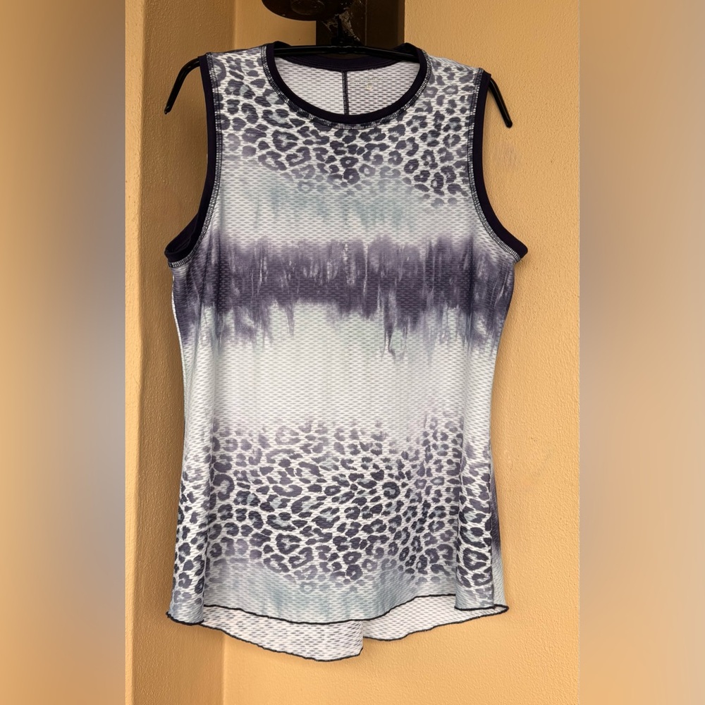 SofiBella Womens Airflow Tank Top Blue/White Leopard Print  Activewear Gym Large